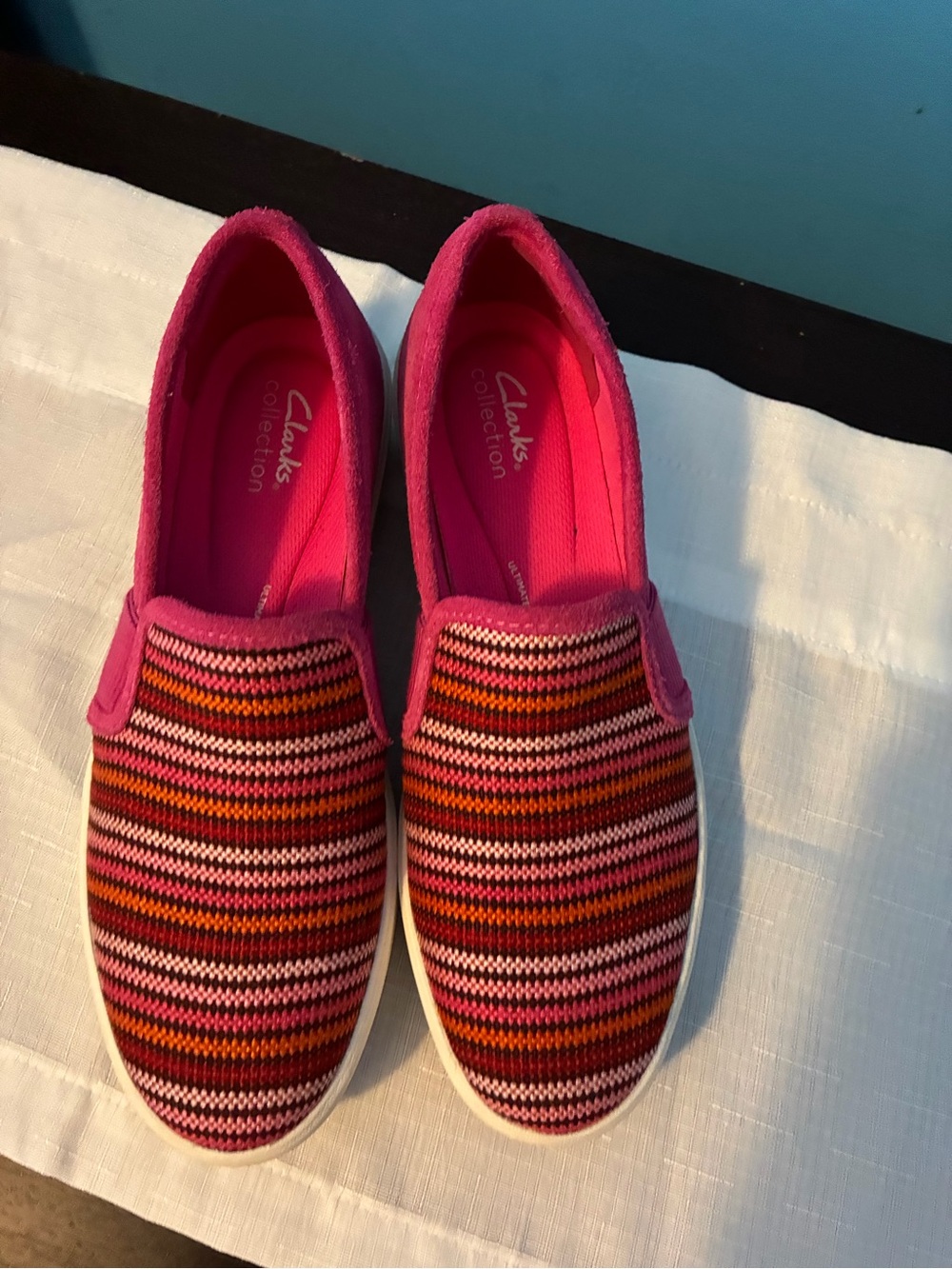 Clarks Pink Multi-Striped Slip-On Sneakers